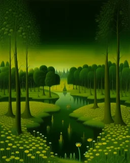 A lime green poisonous swamp in a nuclear city painted by Henri Rousseau