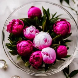 Cinematic shot of peonies inside a glass bowl, glass, crystal, linen, dewdrops, warm lighting, luxurious, terrarium