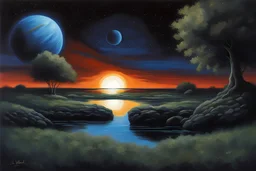 Dark blue sky with one exoplanet in the horizon, rocks, puddle, weeds, 2000's sci-fi movies influence, epic, ernest welvaert, and friedrich eckenfelder impressionism paintings