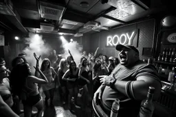 dans golv på en nedsliten sunkig techno club, många personer som dansar, yppiga kvinnor, scen rök och ljus strobes, svartvit bild, en del personer ser in i kameran och skriker: "Benny!" och en Neon Skylt med texten "DJ ROY" på väggen, DJ Roy skriker rätt in i kameran, öppen mun, mycket flaskor och glas i baren