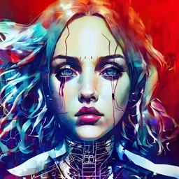 Singer Danish MØ face, beautiful cyberpunk huge girl, hyperdetailed, illustration by Yoji Shinkawa, darkblue tones,