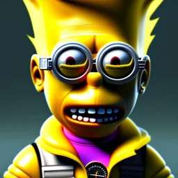 Bart Simpson toddler, steampunk headphone, sunglass, gangsta neckless, full body, yellow puffer jacket, tokio background, dramatic lighting, hyper realistic, unreal engine 5, 16k