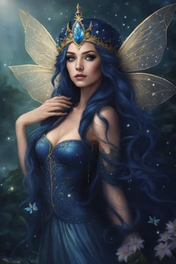 Midnight blue,Dark blue hair,night,dark fairy princess ,elven crown,elven ears,sparkle,glitter,gold armor,dragonflies,rapunzel hair,water lilies