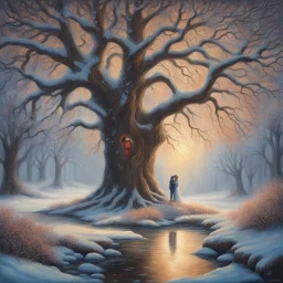 acrylic painting of a young couple kissing centered under an impressive, frosted remarkable old oak tree, while glowing hearts rain down on them from the oak tree. In a beautiful winter landscape by a stream, very detailed, in the style of atmospheric tonalism. Elegant, intricate, 4k, mood lighting, a gravelled forest path leads through the countryside surrounded by snow-dusted ferns, mosses and tendrils. oil on panel, contemporary impressionism