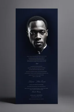 An extremely formal, funeral program for a black man on darkest blue deeply pigmented velvet paper with brilliant, brightest heavy white fonts, simple, minimalistic, less element, very dramatic lighting, detailed, white printers elements,