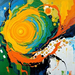 create a monumental impasto abstract painting blending Van Gogh’s swirling textured brushstrokes, Miró’s playful whimsical geometric shapes, and Dalí’s surreal dreamlike distortions, glowing central core of fiery orange and golden yellow radiating energy, surrounded by electric blue, lush green, crisp white and deep black, layered painterly textures with cosmic highlights, panoramic wide format perfect for Facebook cover --ar 21:9 --v 7 --stylize 1600