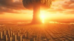 4K, ultra detail, full realism, nuclear explosion in the background of a big city, demon portrait pointing the finger at the city.