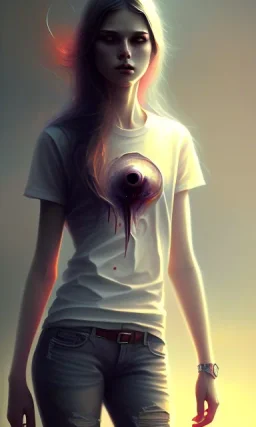 girl, cute, beautiful, by Greg Rutkowski, bruised, bloody, tee shirt, jeans