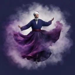 Hyper Realistic Sufi Whirling with Purple & Maroon, Islamic Sufi Rustic Grungy navy-blue Background with silver fog around at night