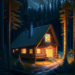 Generate an image of a cozy cabin nestled in a pristine Norwegian forest, surrounded by towering trees, with a warm glow emanating from the windows, symbolizing a peaceful retreat where artists find inspiration and solace.