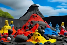 A volcano near a lava like filled with angry faced statues painted by Piet Mondrian