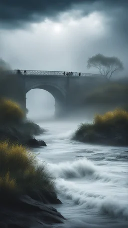 By Sergiо. Style by Greg Rudkowski. Thick white milky dense fog on a deserted beach with lonely bushes.flooded raged water . 2 women and a child In the stormy wether in the water a bridge is falling in the river Bruegel painting style