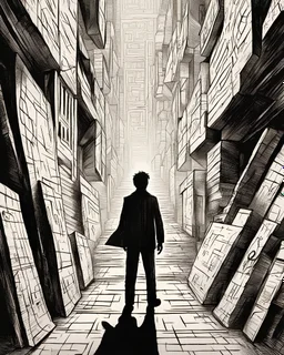 boceto la sombra de una periodista entra en un oscuro laberinto distípico buscando pistas
