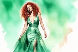 full figure, red curly hair upswept gorgeous singer on a stage in front of a microphone, sleeveless rose gold shiny silk long dress, the dress goes down to bluish green, photorealistic watercolour