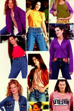 year 1996 denim fashion. Loose fit, low waist, baggy. Colors: denim blue, blue, purple, khaki, light green, lilac, plum, orange, terracotta, red, pink, dark blue, beige. Women models. Sharon Stone, Sandra Bullock, Winona Ryder, Milla Jovovich, Big tennis shoes on.