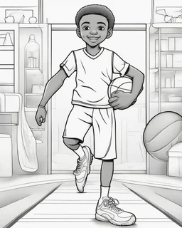 coloring page, depicting a black kid as an Athlete, full body, outline, black and white, highly defined, white background, empty background, cartoon style, coloring book style