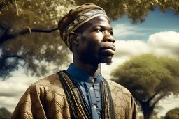 Design, African man, portrait, featureless, graphic, background, sky, trees, traditional clothes