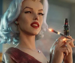 Marilyn Monroe, smokes a cigarette, cyberpunk2077, photorealistic illustration, 4k