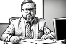 big russian man sitting at desk, portrait, speech, TV address, nametag, glasses, neck beard, bristly hair, mustache, shirt and suit-jacket; caricature style, black and white; pencil sketch