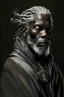 a photo of an African man with ethnic jewelry, grey hair and grey flowing robe, in style of Annie Leibovitz, contemporary portrait of a mature yet beautiful and modernist man, black and grey, detailed masculine face, swirling fluid smokey enigma, award-winning artwork