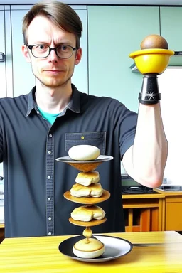 Tall and skinny game designer eats saggy eggs