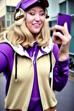 blonde taking selfie.thick thighs,thick calves,flat belly,curvy fell. NOVEL kind of hoodie, form which condescends with integrated bag[SIC]. It is sewed together of camouflage pieces, whose color are all denim colors,cream, brown and purple. Big colored headphones (gold rings!) is merged with small felt cap with small visor. Big bright purple felt tippet and birght-colored-hood is merged with colorful beanie. Inside is orange. Style: 1990's Finland