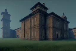 old prison, plains , day time , unity, scriptable render pipeline , lighting , volumetric , global illumination, fog ,blue emission , purple tone.