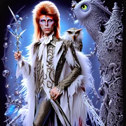 david bowie, white owl feather fancy clothes, Jim Henson's The Labyrinth, Jareth the goblin king, crystal ball in hand, wearing spandex grey leggings with a crotch bulge