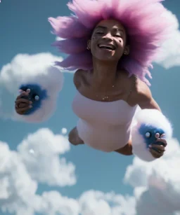 Ultra realistic speed clouds sky scene, wide angle view, sweet childs falling down, inflatable color clothing, free jumping flying, many trinkets, monster hair, hair monster, many jelly beans, balls, smile, happy, circus style, extreme, wind, clouds sea, 20,000 feet altitude, stratosphere, soft color, highly detailed, unreal engine 5, ray tracing, RTX, lumen lighting, ultra detail, volumetric lighting, 3d, finely drawn, high definition, high resolution.