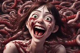 Woman with rare eyes,smiling meanwhile many worms streaming from his mouth, face distorted with pain, screaming, tears streaming, siting pose, fullbody, Junji Ito style, darkred tones,high detailed, 4k resolution, digital paiting, cute, art, no background 3d pixar disney the cinematic FKAA, TXAA, and RTX graphics technology employed for stunning detail.