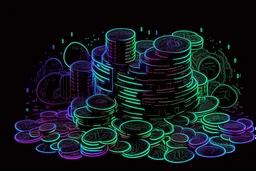 black background, outlines of a holographic pile of coins, diagram drawn from thin neon-coloured glowing lines