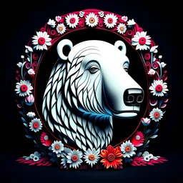 snow white polar bear, realistic photo, 8k, trippy, center, cutie, vibrant, accurate, circular shape, bunchy, highly detailed, 128k, cut out, paper cut, logo design, complex, 3d lighting, Persian, realistic head, colorful, floral, flowers, ancient, symmetrical, abstract, black background, texture