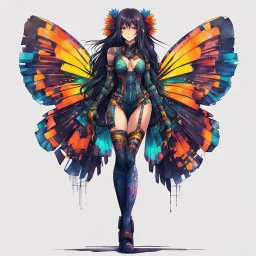 half body, long hair, with detailed blueprints and engineering schematics of a walking hybrid Madagascan sunset moth insect girl, in anime style, drawings, 8k, vibrant natural colors, tight bodysuit, white skin, wings above sholder