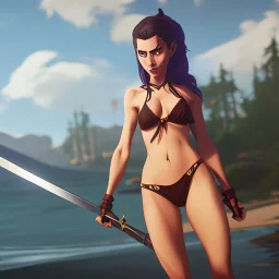 teenage girl in bikini with big sword in hand