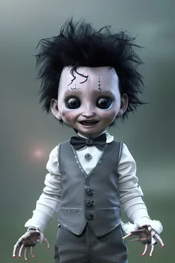 Edward scissorhands toddler, full body, jump, bokeh, hyper realistic