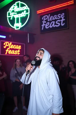 An "Kebab man" performing at dance club in a church, his name is "Kebab man" Happy and christian look, Talking to the holy Jesus, Neon lights and smog, "Please Feast me" big sign on the wall