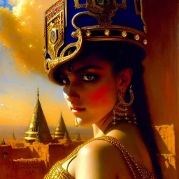 portrait beautiful face queen of Sheba ,busty,medieval metal armor balanciaga fashion clothe painting by gaston bussiere, greg rutkowski, yoji shinkawa, yoshitaka amano, tsutomu nihei, donato giancola, tim hildebrandt, oil on canvas, cinematic composition, extreme detail,fit full head inside picture