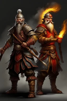 a viking figther a samurai. both wield a flamethrower more realitic