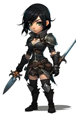 Cute female changeling rogue assassin with black hair leather armor holding daggers