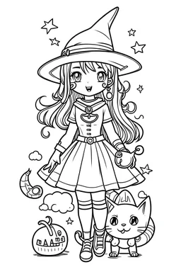 Online art for cute Halloween coloring pages with a witch and cat, white background, sketch style, full body, only use outline, clean line art, no shadows, and clear and well outlined.