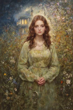 Night, vegetations, flowers, one woman, distant house, mistery, gothic horror films influence, hans thoma, and george iness paintings