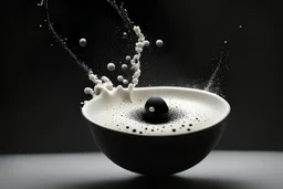 a highly detailed cinematic photograph of a small black ball falling down in a bowl of milk
