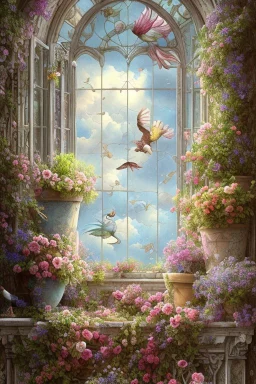 Shabby chic window with flowerpots and bouquets filled with beautiful flowers.full sunlight, stormy clouds, bird, watercolour and ink, stained glass Modifiers: elegant intricate beautiful fantastic view crisp quality colourful Jean-Baptiste Monge pastel colors full view