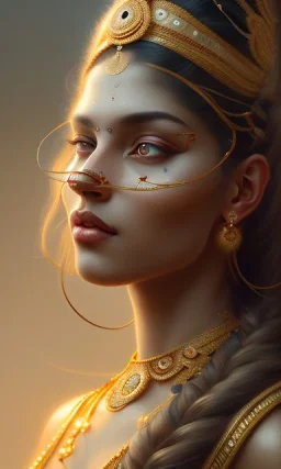 indian goddess , beautiful, long hair, wavy hair, curly hair، black eyes, head and shoulders portrait, cinematic, 8k, resolution concept art portrait by Greg Rutkowski, Artgerm, WLOP, Alphonse Mucha dynamic lighting hyperdetailed intricately detailed