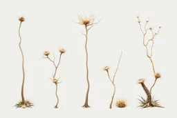 "Isolated concept art of multiple types of alien tree plant on a plain neutral background. Designed for Desert biome – dry, spiky, brittle grass with sharp edges, thorn-like blades, and pale dusty colors