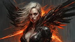 biomechanical women, beautiful, cyberpunk, dusty blonde, short square, large biomechanical black wings, sword, cybernetic, dynamic pose, rain, wind, ashes, flashes of fiery threads, sketch art, fine lines, grunge, sensual, darkness, dark colors, by Raymond Swanland & Alyssa Monks & Anna Razumovskaya