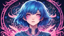 A stunning anime logo featuring the captivating Zephyrazh, a teenage girl with short blue hair and pink eyes. Her upbeat, nature-inspired design includes intricate patterns, and she exudes an aura of magic and adventure. Zephyrazh's name is written in beautiful, flowing script, complementing her overall appearance. The background showcases a captivating artistic pattern in neon green, enhancing the sense of vibrancy and energy. This design perfectly embodies the essence of an anime protagonist.