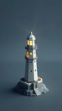 (low poly art style), ((tiny cute isometric)) very detailed lighthouse tower, (beacon shining light), ominous (low poly grey clouds), soft smooth lighting, with soft colors, god rays, (mist on the horizon), 100mm lens, 3d octane render, trending on cgsociety, (modular constructivism), gradient background, physically based rendering, centered.