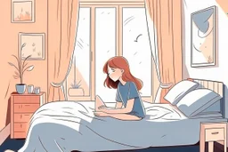 Ilustrasi Seorang gadis duduk di atas tempat tidur kamarnya di sore hari dengan napas terengah engah