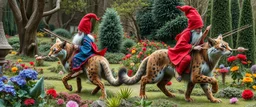 blue and red clothed gnomes riding furred lynx cats with lances in garden of eden in the style of Escher and Giger